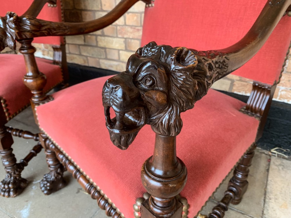 An Impressive pair of Victorian Armchairs carved lions View II
