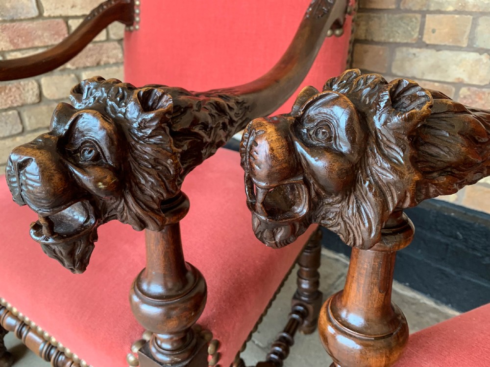 An Impressive pair of Victorian Armchairs carved lions View IV