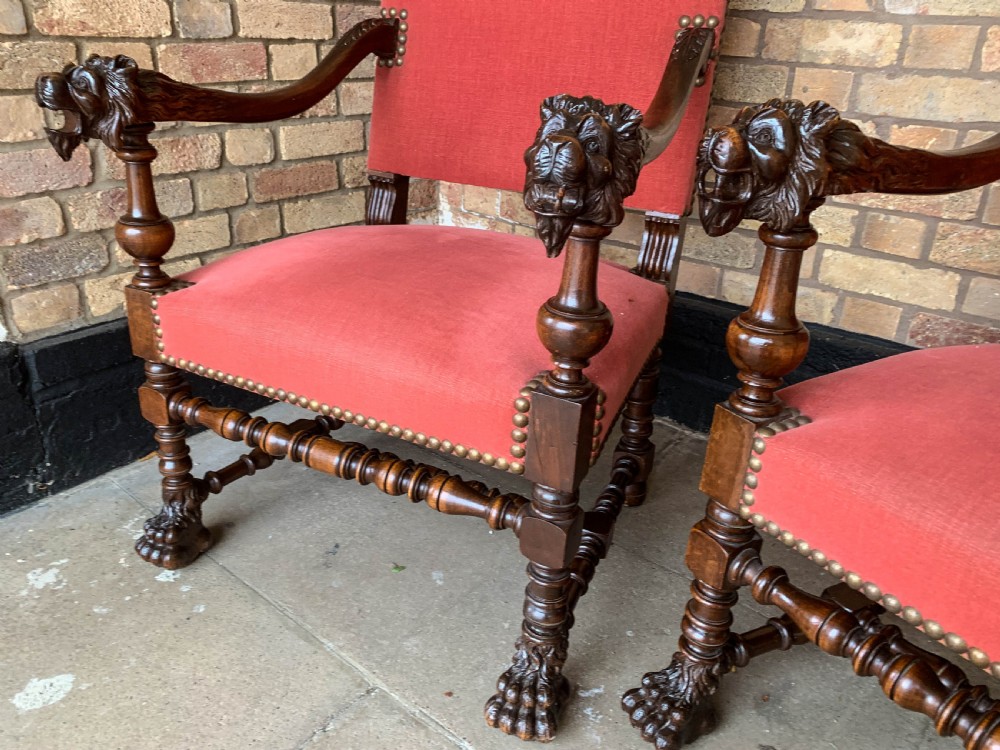 An Impressive pair of Victorian Armchairs carved lions View VI