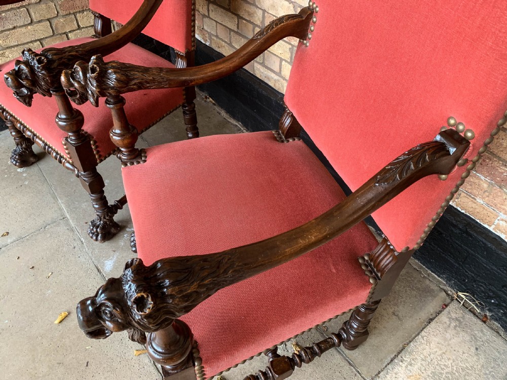 An Impressive pair of Victorian Armchairs carved lions View VIII