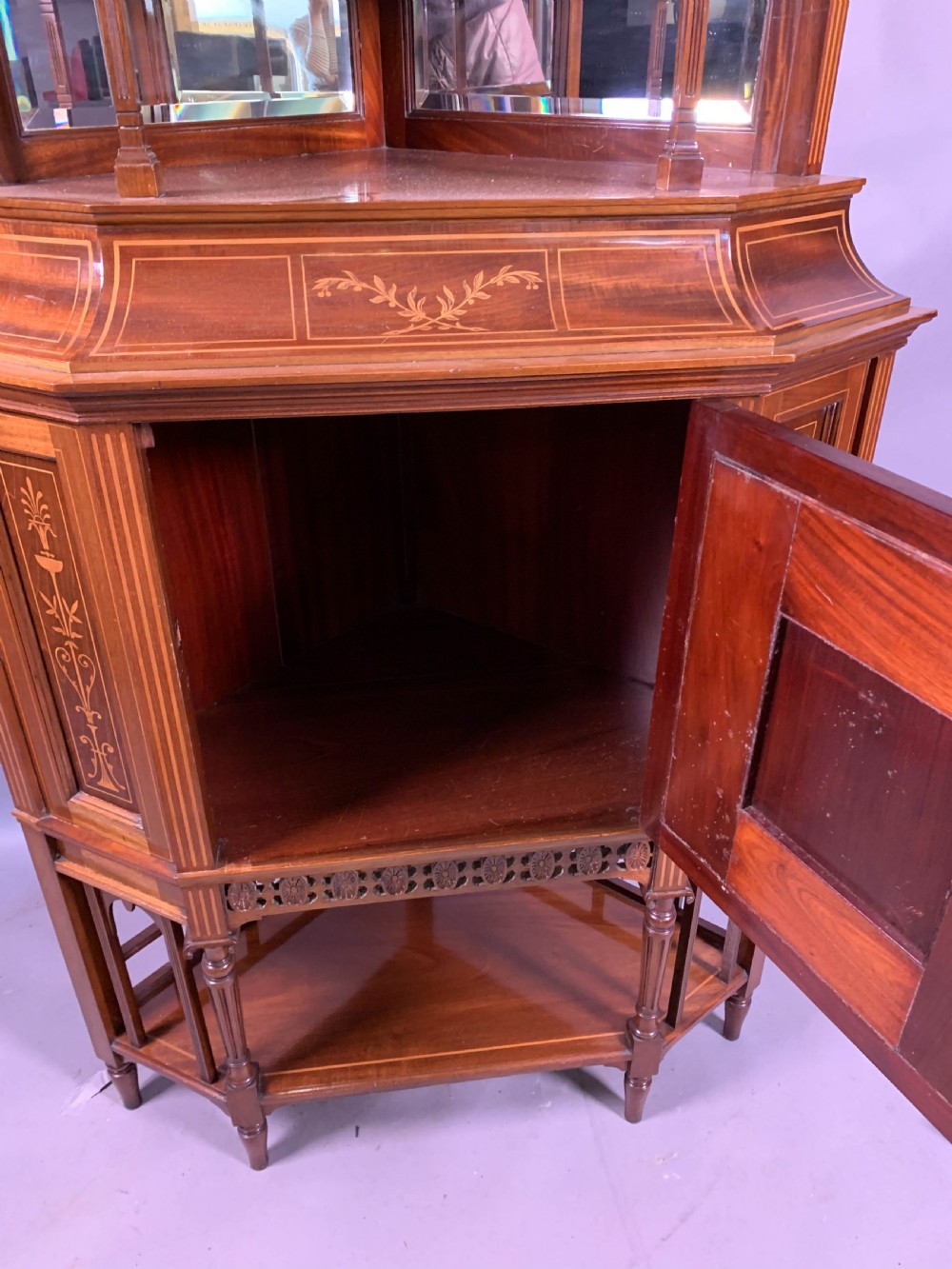 A Late Victorian Mahogany with Inlay Full height Corner Display Cabinet View X