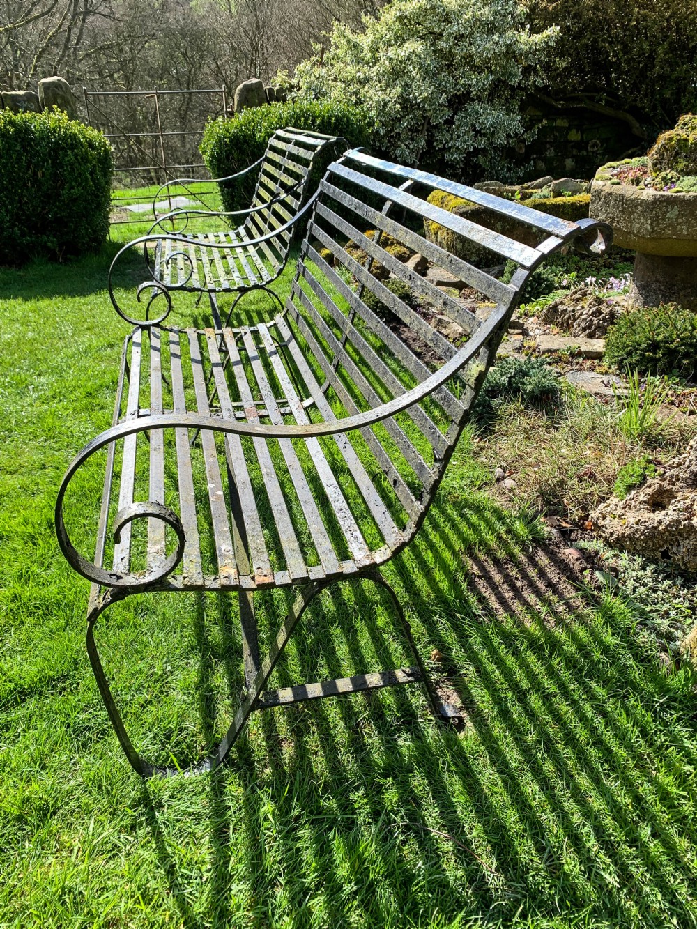 A Rare Matching Pair of Wrought Iron Garden Benches View IV