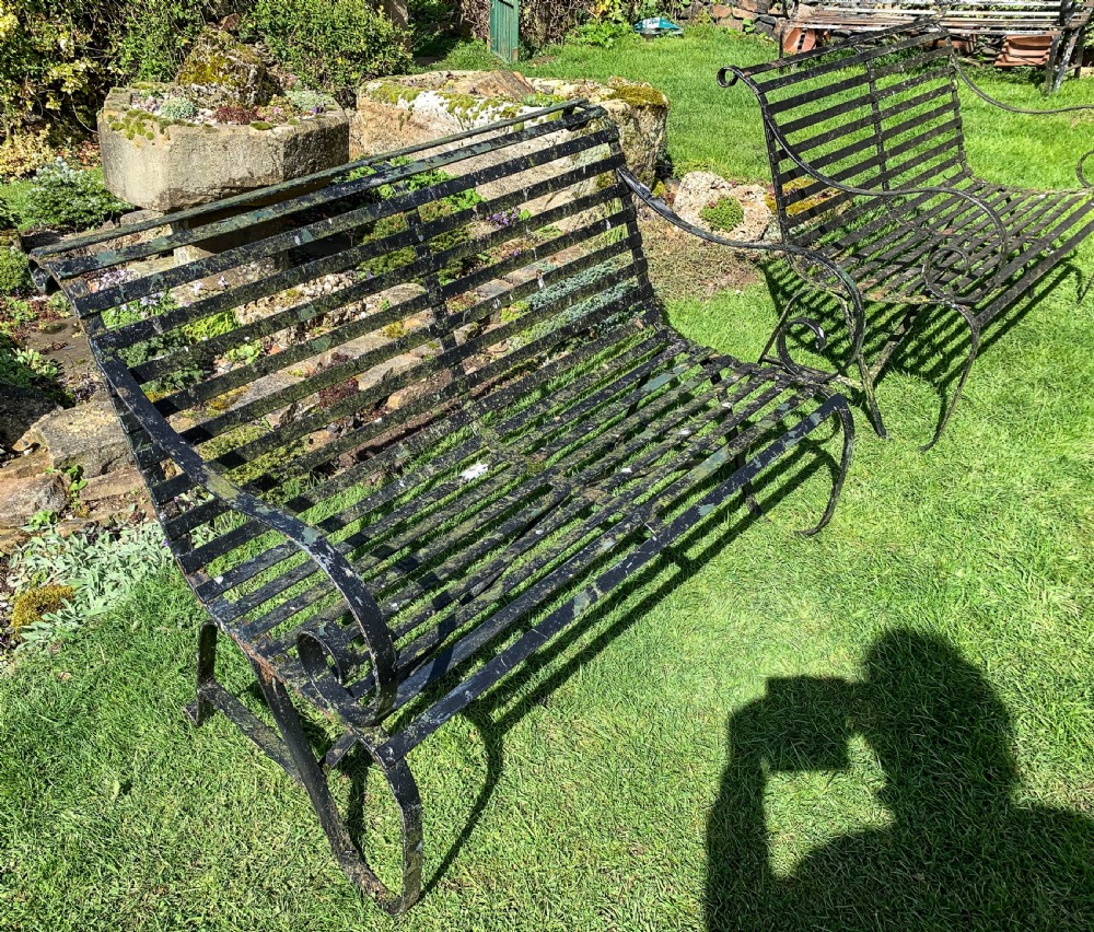 A Rare Matching Pair of Wrought Iron Garden Benches View VIII