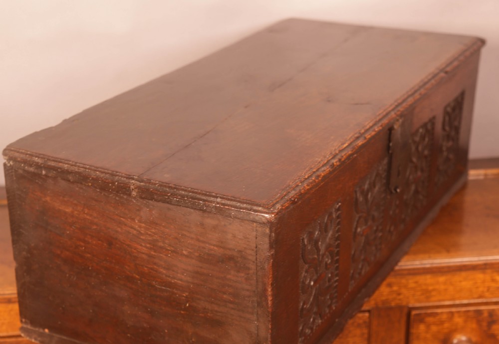 A 17th-century carved dark oak document box with an iron latch, carved initials MB, and date 1695 on the front panel. View VIII