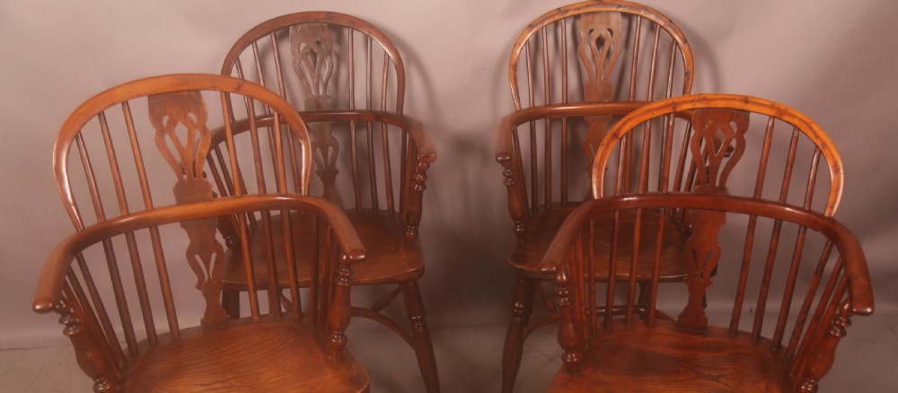 A Harlequin set of 4 Yew Wood Windsor Chairs View II