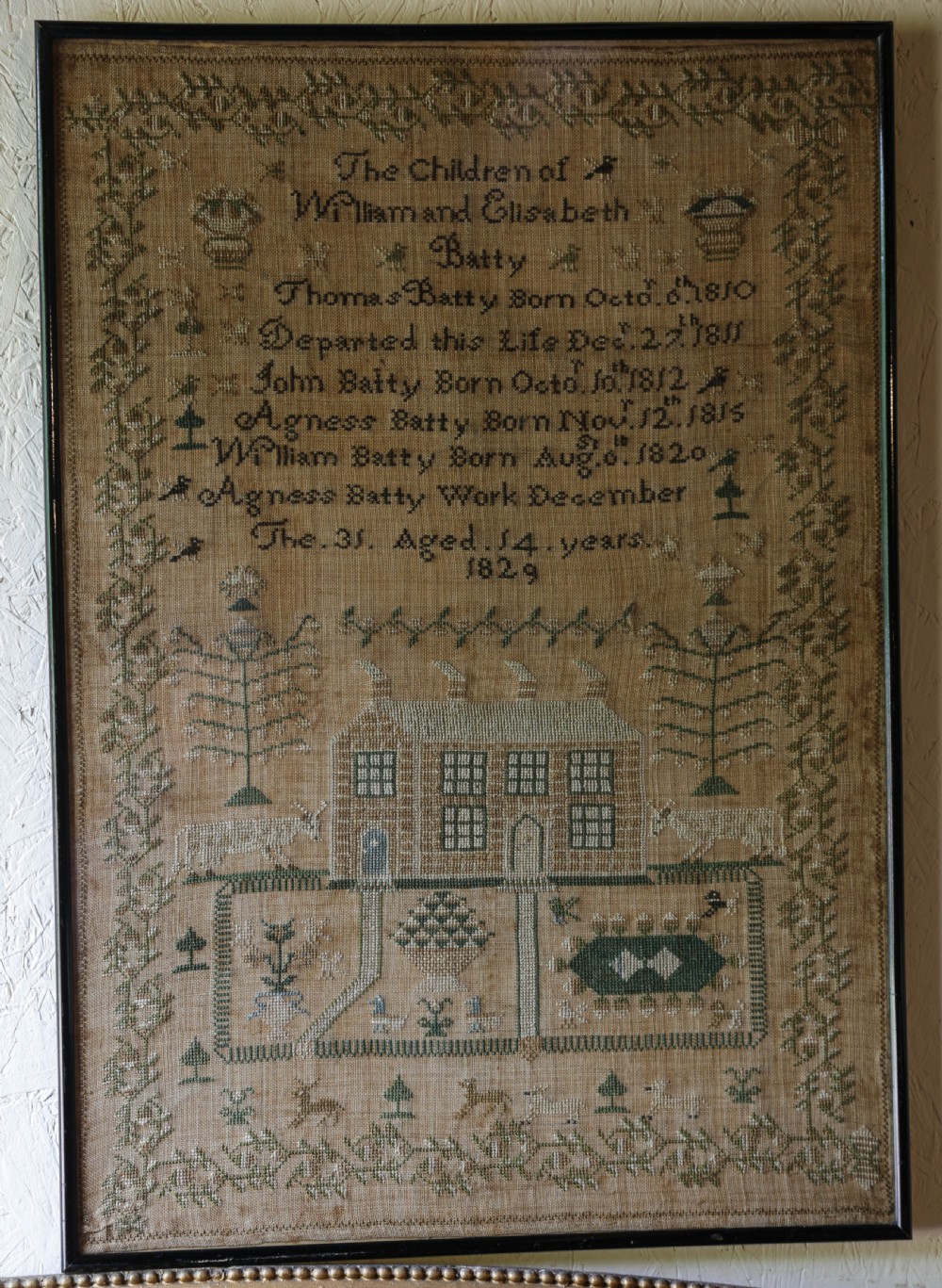 A good interesting  Sampler of the Batty Family by Agness Batty 1829 