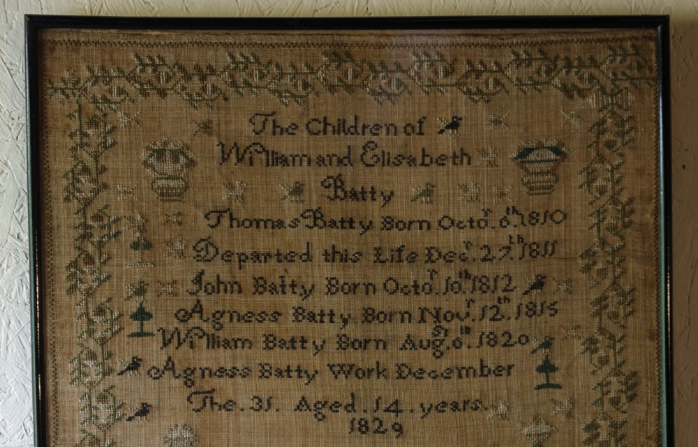 A good interesting  Sampler of the Batty Family by Agness Batty 1829  View II