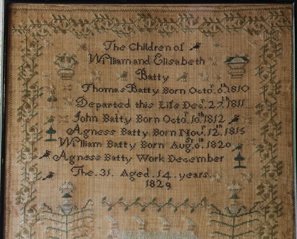 A good interesting  Sampler of the Batty Family by Agness Batty 1829  View VI