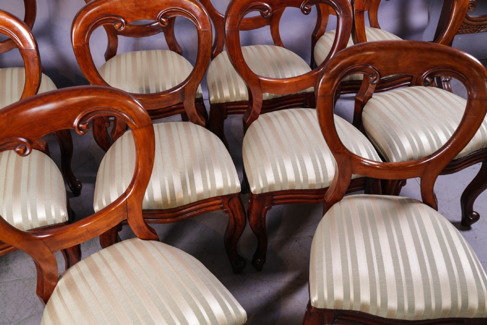 A set of ten Victorian mahogany dining chairs featuring characteristic balloon backrests and striped upholstery on cabriole legs. View V