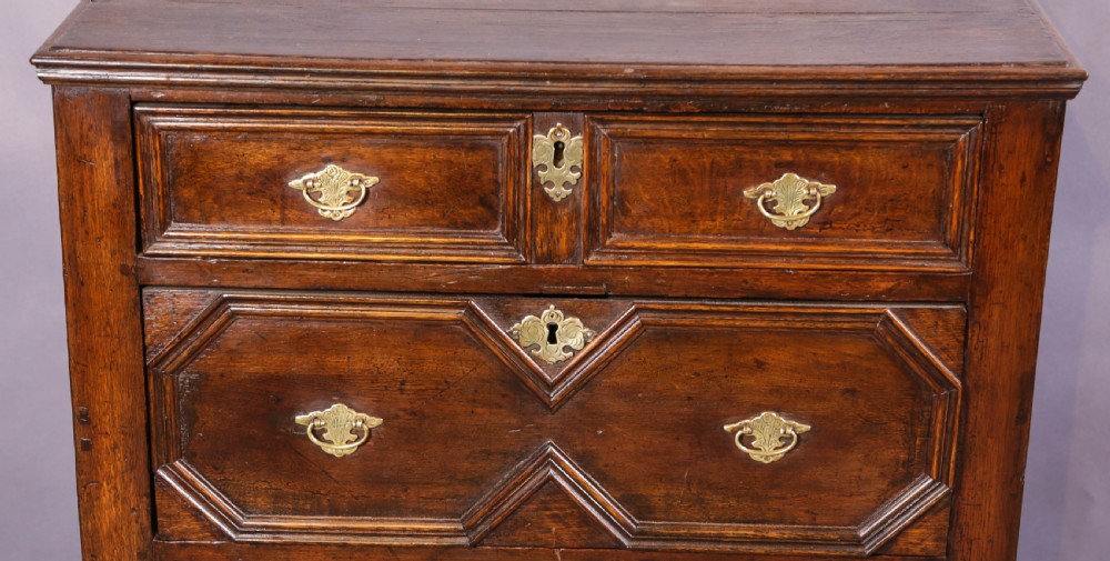 An early 18th-century dark oak chest of drawers featuring geometric moulding on the drawer fronts and brass drop handles. View II