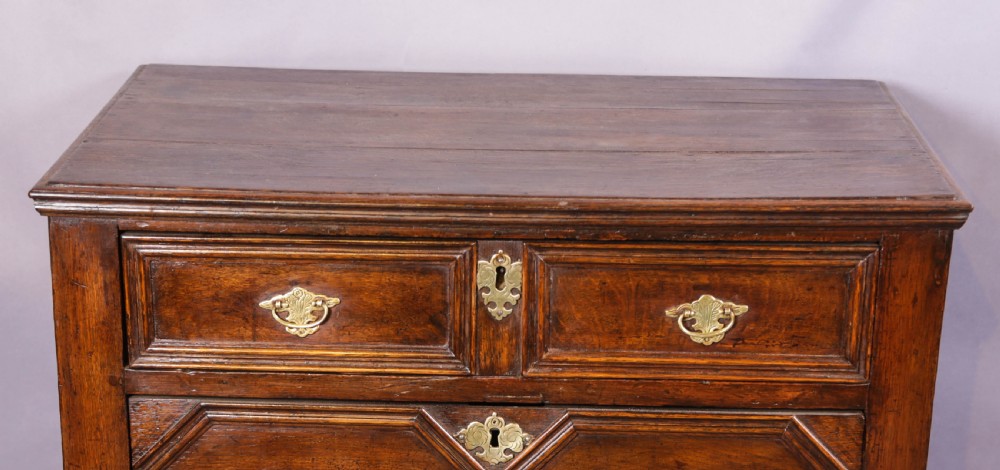 An early 18th-century dark oak chest of drawers featuring geometric moulding on the drawer fronts and brass drop handles. View III
