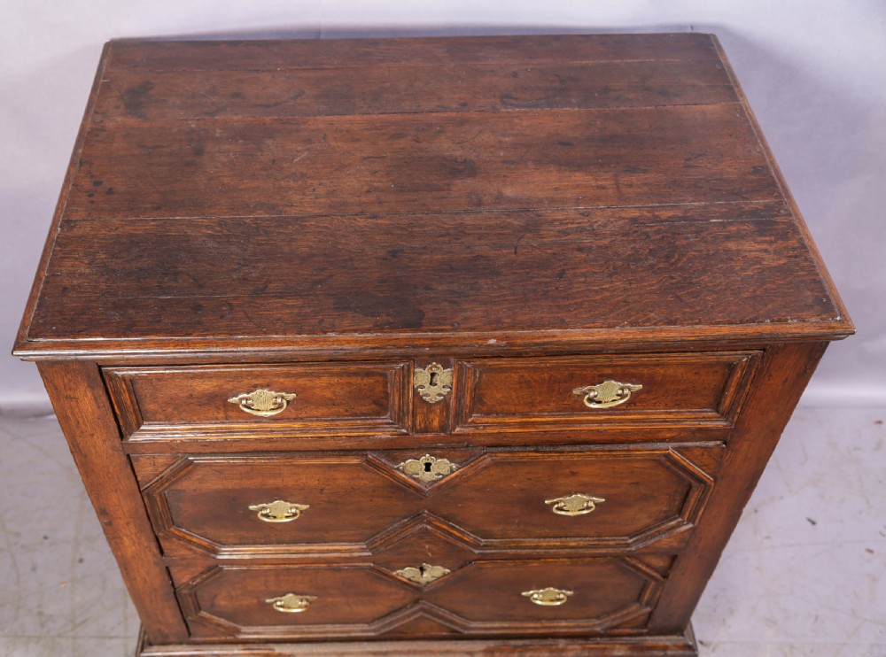 An early 18th-century dark oak chest of drawers featuring geometric moulding on the drawer fronts and brass drop handles. View V