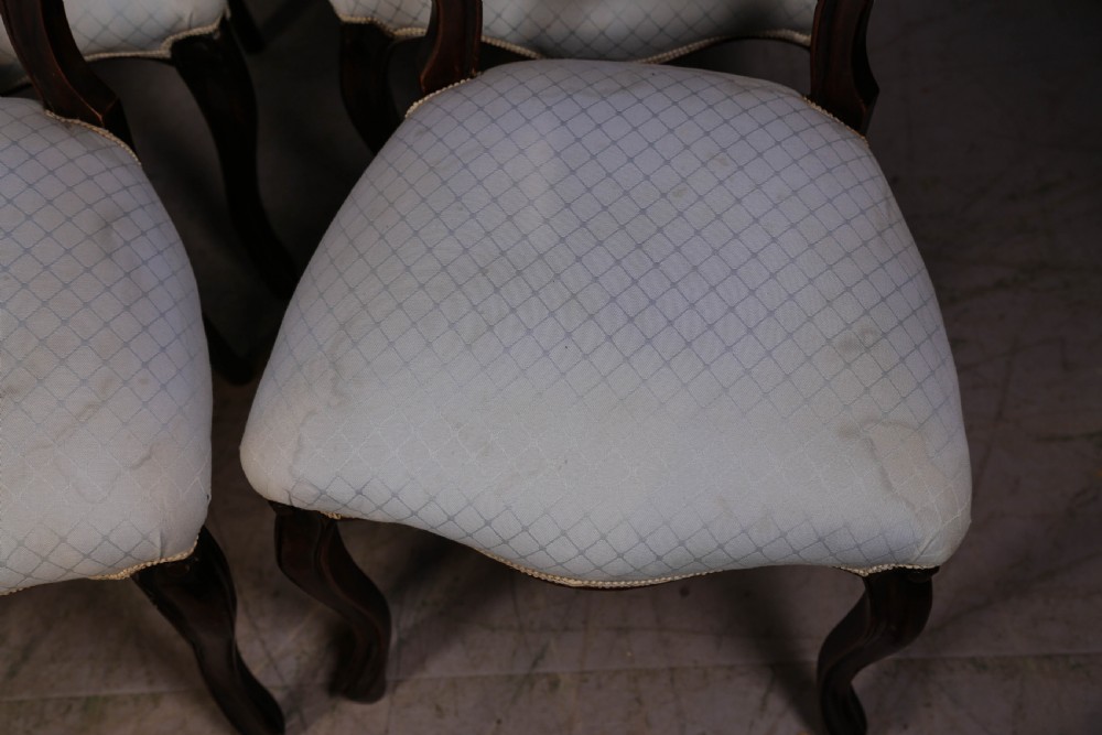 A set of six dark mahogany Victorian dining chairs featuring rounded balloon backrests with carved mid-rails and light-coloured patterned upholstered seats. View VI