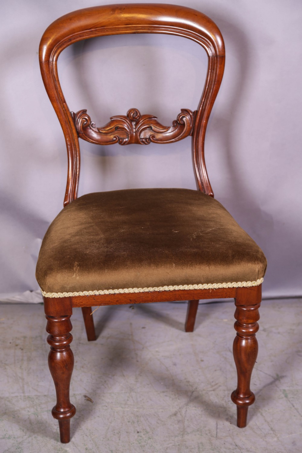 Set of four Victorian mahogany balloon back dining chairs featuring carved horizontal mid-rails, turned front legs, and brown velvet upholstered seats. View V