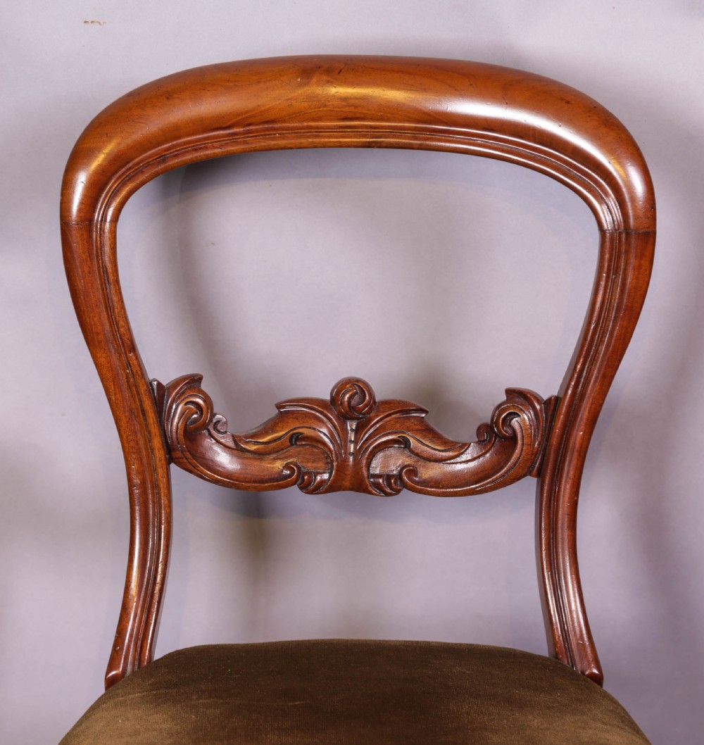 Set of four Victorian mahogany balloon back dining chairs featuring carved horizontal mid-rails, turned front legs, and brown velvet upholstered seats. View VIII
