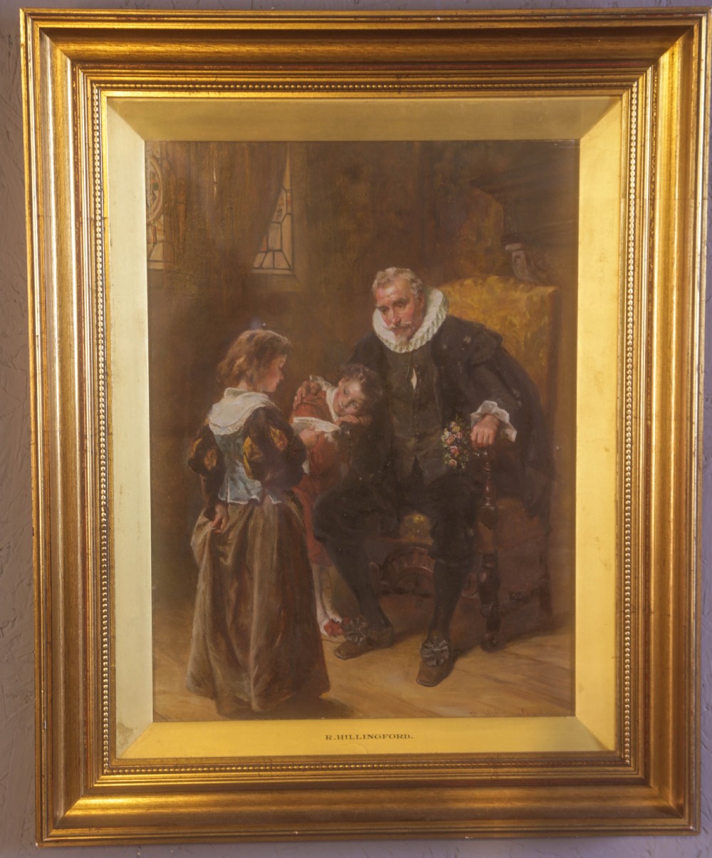 A nineteenth-century oil painting on canvas depicting a father in historic attire seated with two children, framed within a gilded wooden border.