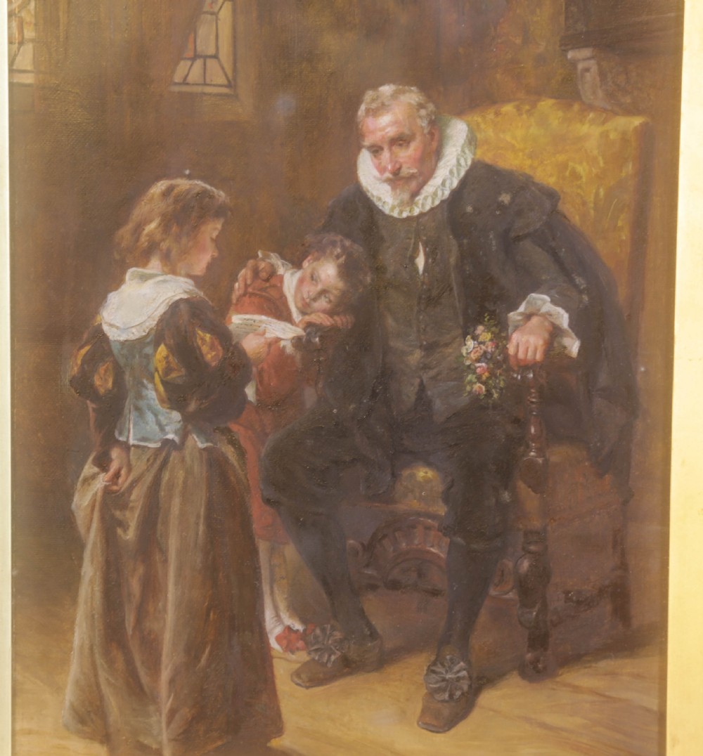 A nineteenth-century oil painting on canvas depicting a father in historic attire seated with two children, framed within a gilded wooden border. View III