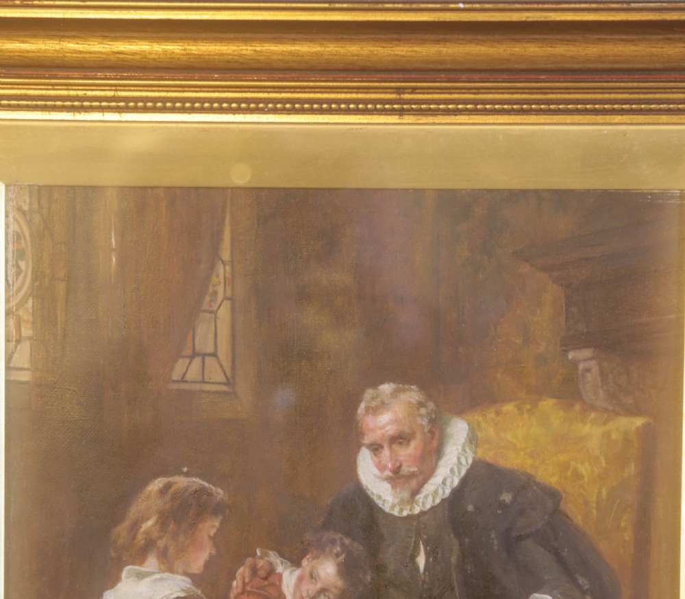 A nineteenth-century oil painting on canvas depicting a father in historic attire seated with two children, framed within a gilded wooden border. View V