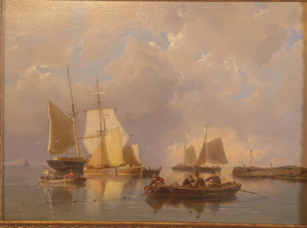 Oil on  Panel Pieter Cornelis Dommersen Ships in a coastal scene View II