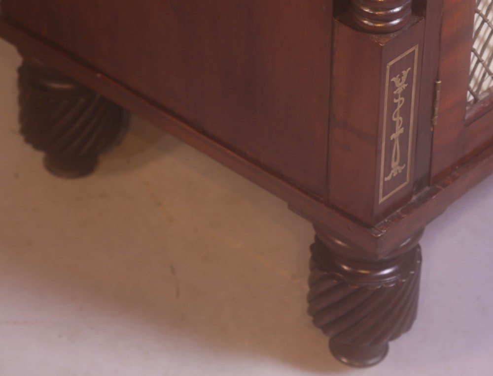 A Regency rosewood chiffonier with brass inlay, a long drawer featuring lion mask handles, and lower double doors with brass wire grilles over fabric. View V