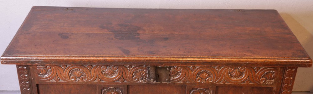 A 17th century carved oak coffer featuring a three-panel front with hand-carved leaf motifs, lunette top frieze, and iron lock plate. View II