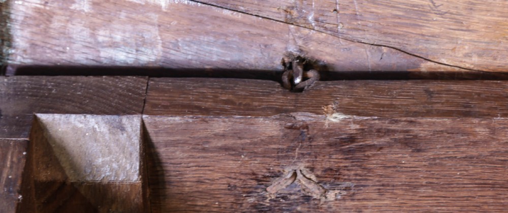 A 17th century carved oak coffer featuring a three-panel front with hand-carved leaf motifs, lunette top frieze, and iron lock plate. View IX