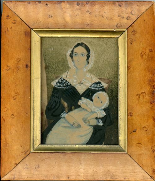 naive watercolour portrait of a mother and child circa 1840 - CATEGORY: ANTIQUE ART - DATED 19TH CENTURY
