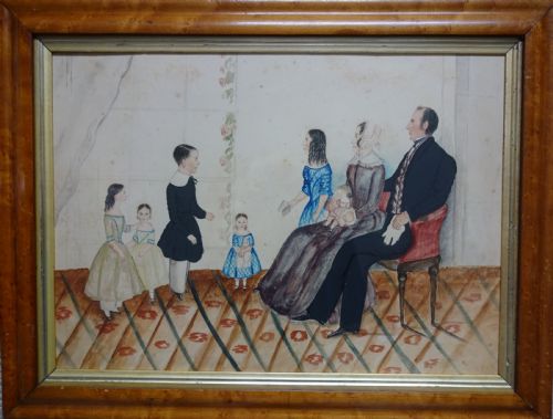 happy families naive watercolour portrait circa 184050 - CATEGORY: ANTIQUE ART - DATED VICTORIAN