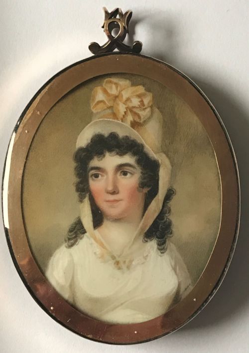 miniature portrait of a lady in a chip hat circa 1810 - CATEGORY: ANTIQUE ART - DATED 19TH CENTURY