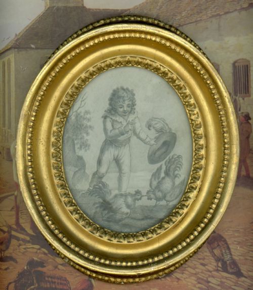 Charming Plumbago Portrait of Cocks Fighting, Circa 1800