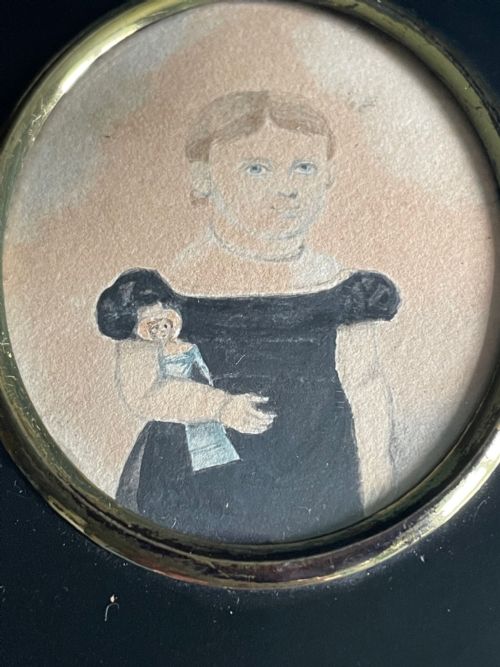 FOLKART MINIATURE WATERCOLOUR PORTRAIT OF A CHILD WITH A DOLL - ADDITIONAL PHOTO 1
