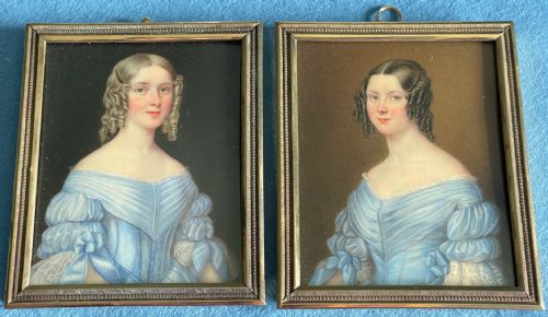 handsome miniature portraits of two sisters circa 1840 - CATEGORY: ANTIQUE ART - DATED 19TH CENTURY