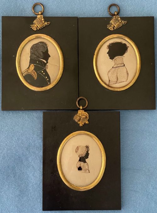 rare family group of silhouettes on glass by hutchins - CATEGORY: ANTIQUE ART - DATED REGENCY