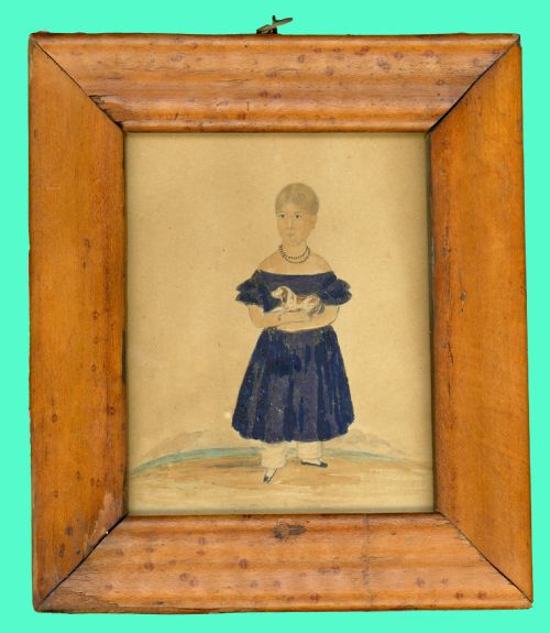 naive watercolour portrait of child and dog - CATEGORY: ANTIQUE ART - DATED 19TH CENTURY