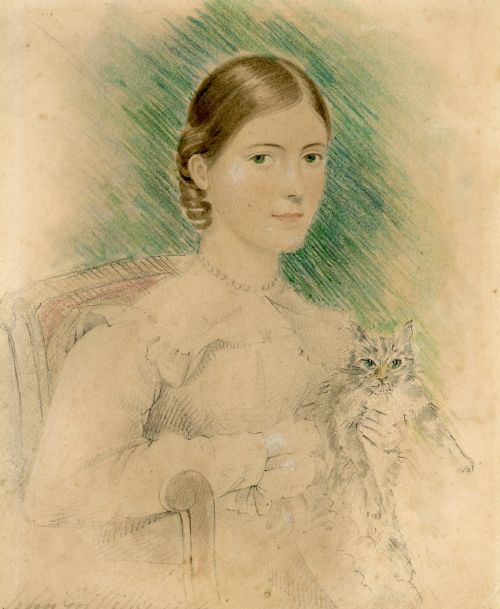 WATERCOLOUR PENCIL PORTRAIT OF LADY WITH CAT - ADDITIONAL PHOTO 1