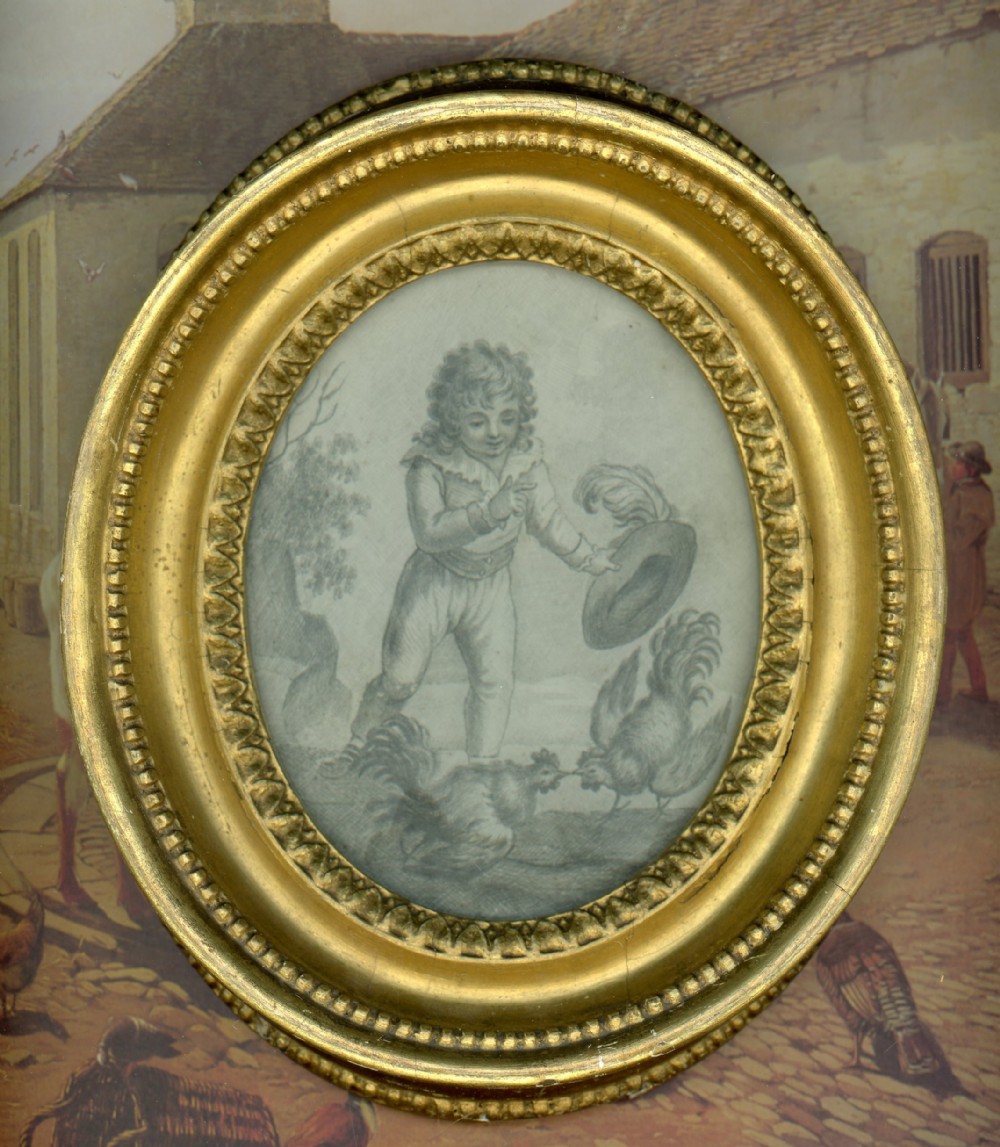 Charming Plumbago Portrait of Cocks Fighting, Circa 1800