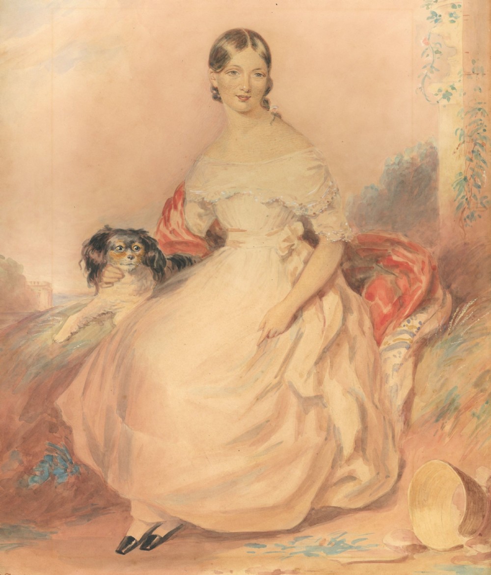 Charming Watercolour Girl with King Charles Spaniel View III