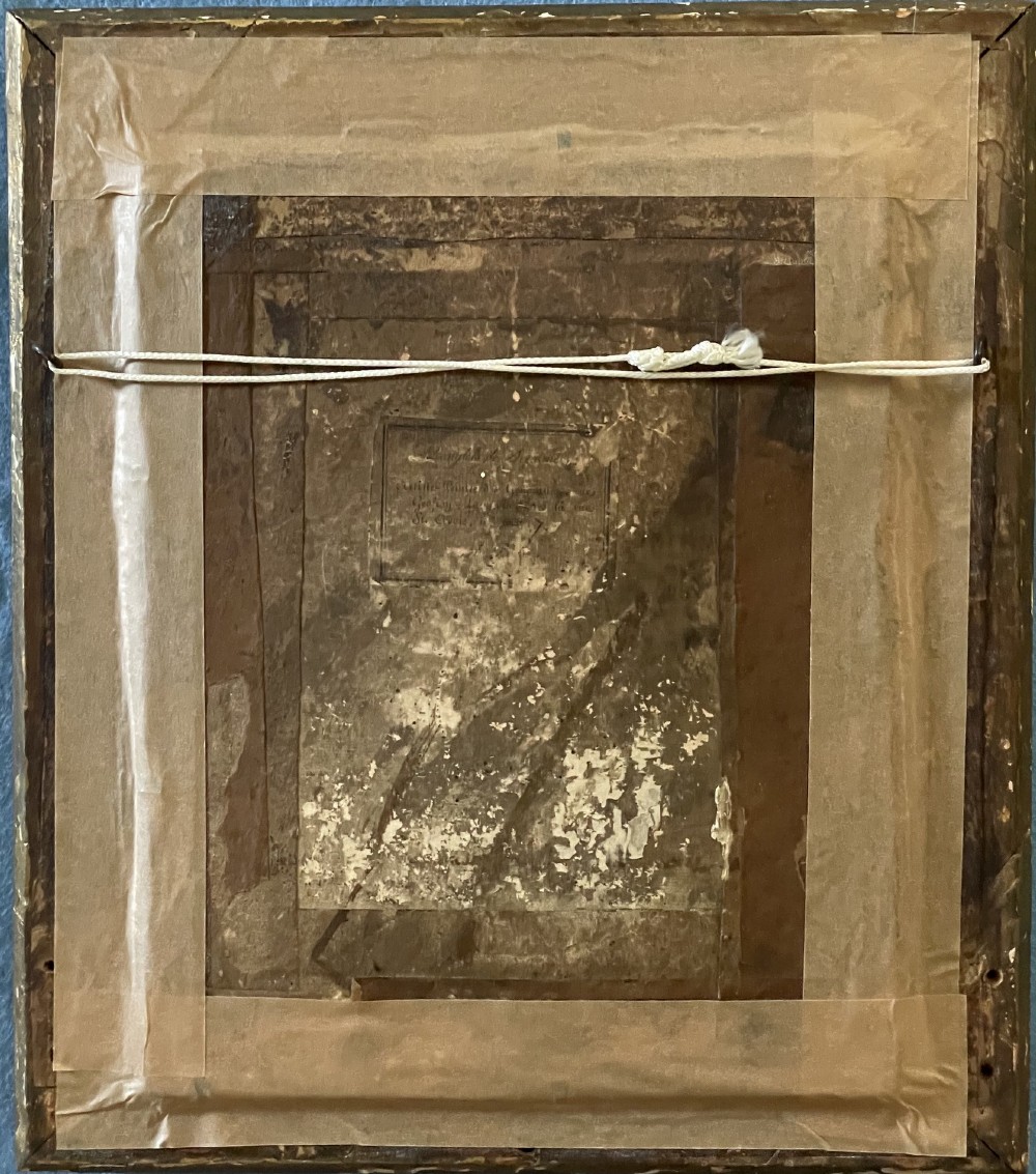 An antique French pastel portrait of a gentleman in a high white cravat and dark coat, set within an ornate gilded wood frame. View IV