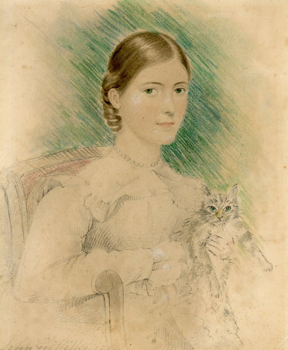 A framed 19th-century pencil and watercolour portrait depicting a seated woman holding a cat, set within a wide bevelled wooden frame with a gilt inner liner. View II