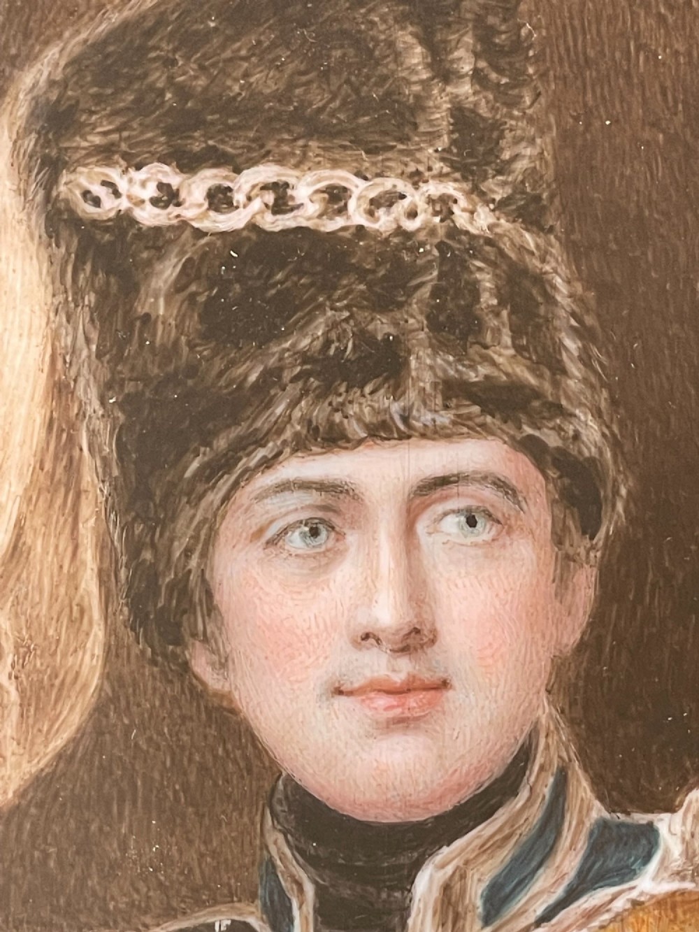 A framed portrait miniature depicting Lieutenant General Charles Vane-Stewart in a Hussar military uniform with a busby hat, set inside a heavily carved gold gilt frame. View III