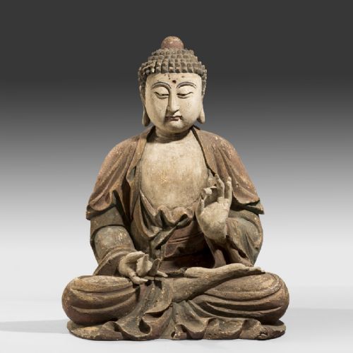 A Rare Large Late 17th/early 18th Century Chinese Carved Wood & Decorated Buddha