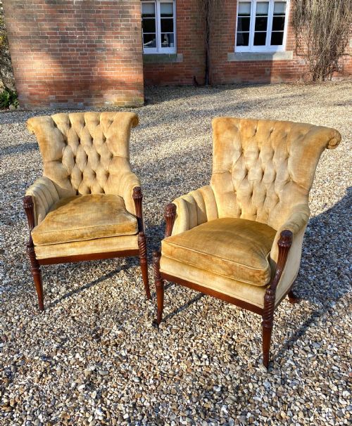 A Good Pair of Sheraton Style 19th Century Mahogany and Upholstered Armchairs