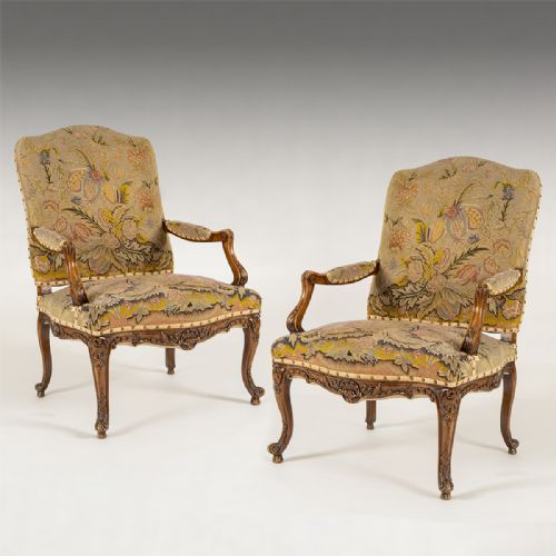 A Large Pair of 19th Century Carved Armchairs with Original Needlework
