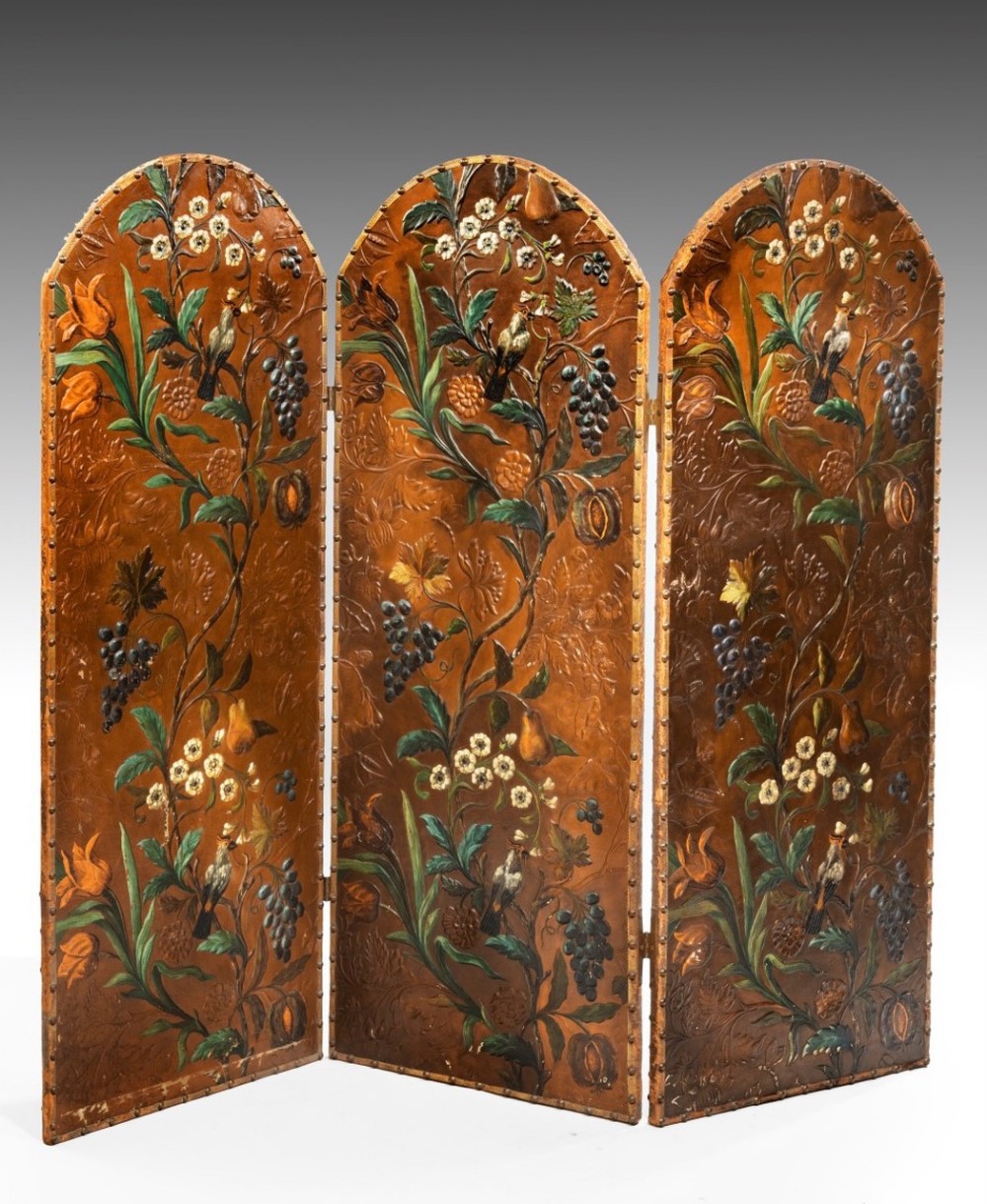 A 19th Century Leather Embossed And Decorated Screen