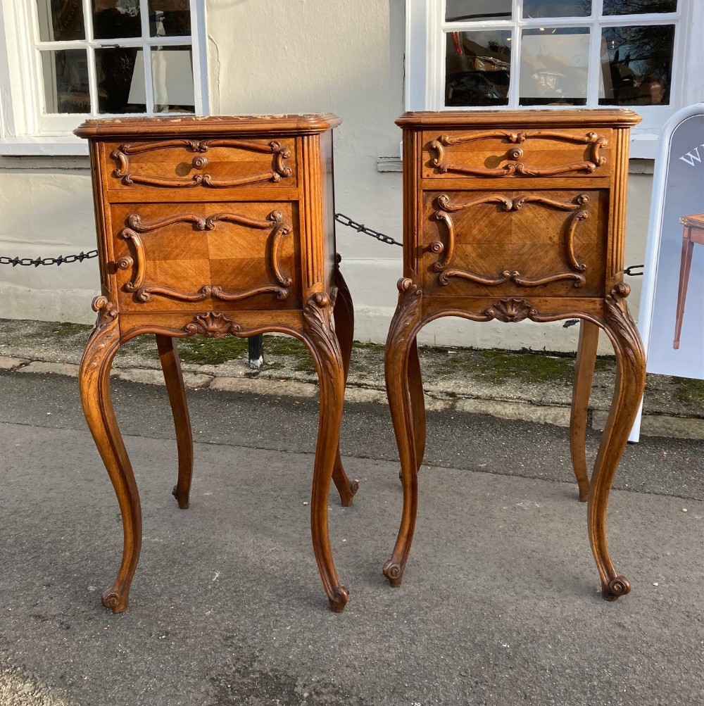 A Pair Of 19th Century Walnut & Marble Bedside Tables  