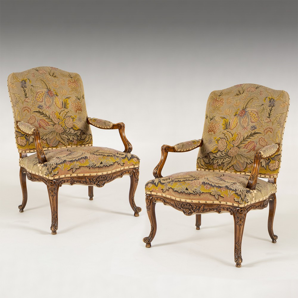 A large Pair Of 19th Century Carved Armchairs With Original Needlework 