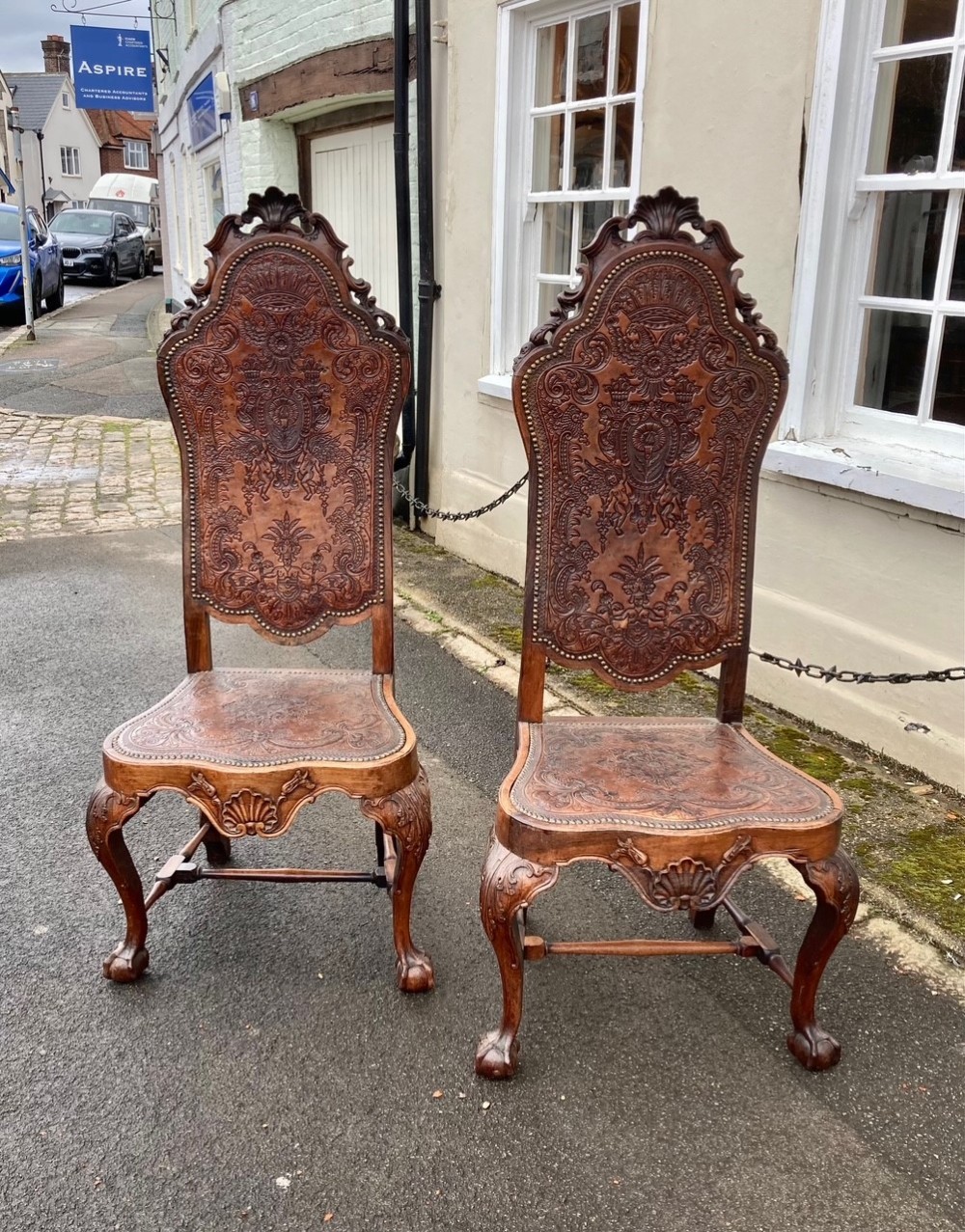 A Large Pair Of 18th Century Portuguese Leather & Rosewood Chairs 