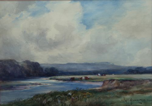 Watercolour by Owen Bowen 'Cattle by the River Wharfe'