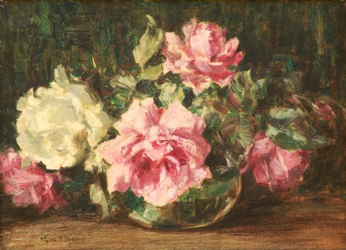 fig 1. Still life oil of 'Primulas' by Elsie May Dawson (Mrs. Elsie May Robson) (Exh. 1920-1959)