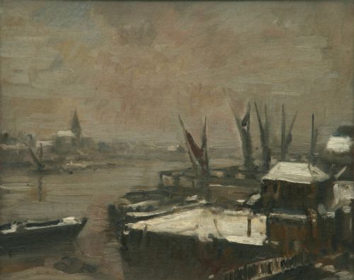 Atmospheric Oil by Robert Langley Hutton (Exh.1912-1917)- 'Winter on the Thames'